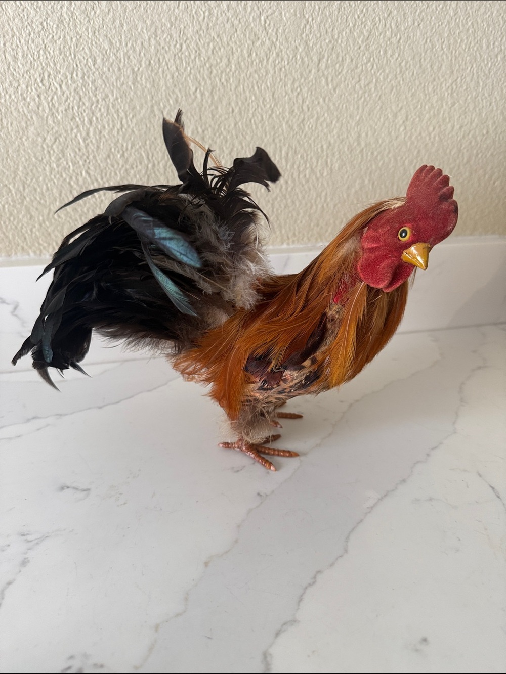 Vintage Decorative Rooster Figurine Real Feathers